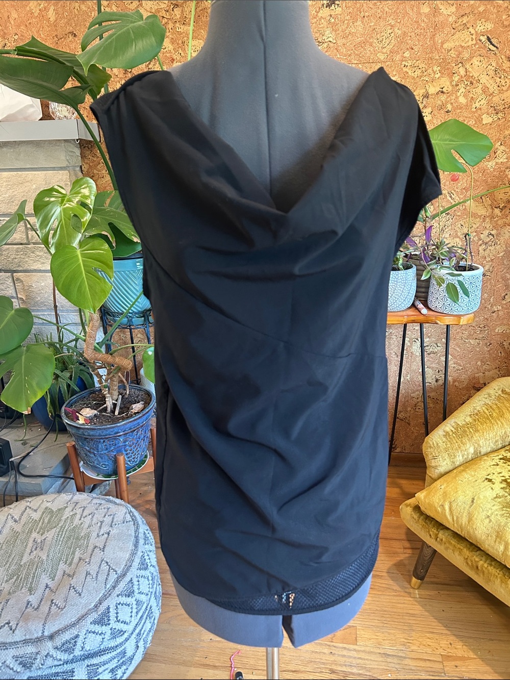 Cynthia Rowley Black Asymmetrical Cowl Neck Too with Mesh Details